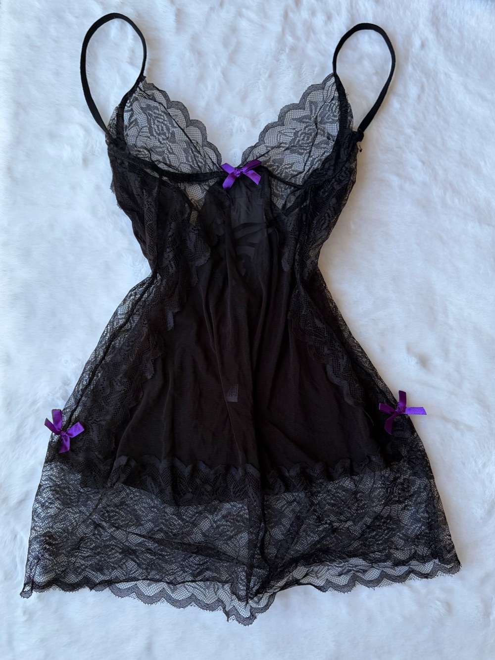 Y2K Black Lace Bow Slip Dress Sheer Mesh Babydoll Lingerie Nightgown